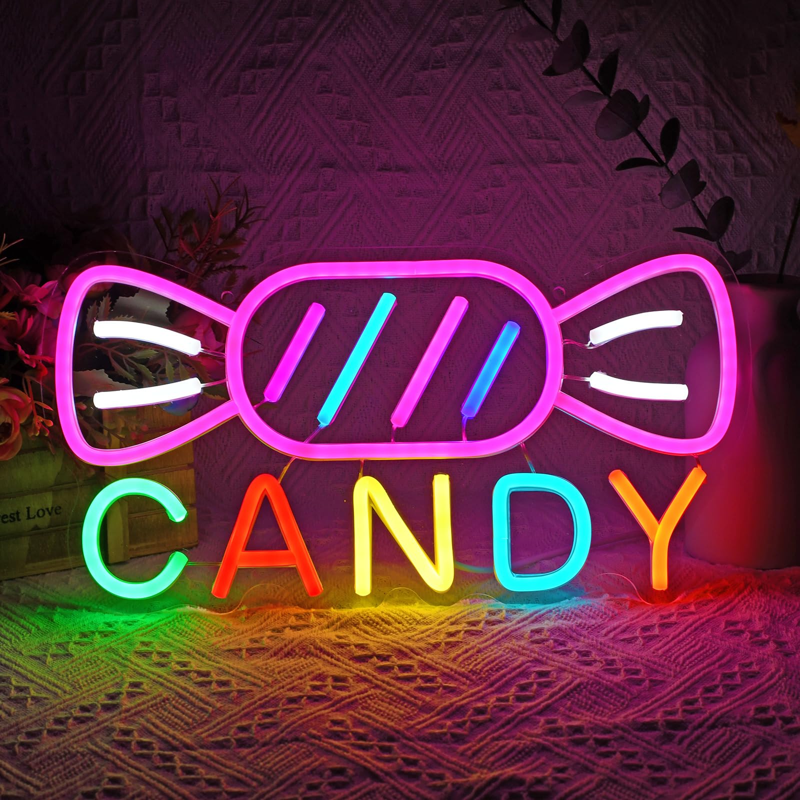 Photo 1 of NAIYISI Candy Neon Sign for Wall Decor Candyland Party Decorations, Candy Bar Sign, Store Logo, Birthday Decorations, Candy Light for Candy Shop, Kids' Room, Dimmable USB Powered Colorful 13.7""x7""