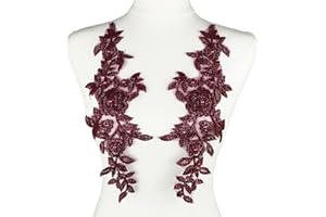 YOOGCORETT 1 Pair Wine Red 3D Lace Applique, Sew on Flower Bead Fabric Patches Embroidered Trim for Wedding Dress Decor DIY Sewing Clothing Applique, 12.6" x 4.3"Inch