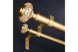 Wolistsa Gold Double Curtain Rods for Windows 72 to 144 Inch, 1 Inch Adjustable Decorative Crystal Long Dual Curtain Rod, Heavy Duty Vintage Double Drapery Pole with Gold Foil Finials for Living Room
