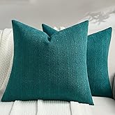 FUTEI Teal Chenille Throw Pillow Covers 18x18 Inch Set of 2,Soft Striped & Diamond Textured Cushion Cases,Modern Home Decor for Couch Living Room