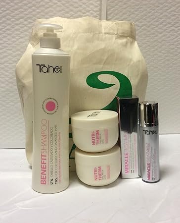 Amazon.com: tahe Bundle para daños Cabello: tahe Botanic Champú 800 ml, nutri-therm Máscara 600 ml, tahe Miracle Tratamiento para daños 50 ml de pelo y algodón Natural bolsa.: Beauty