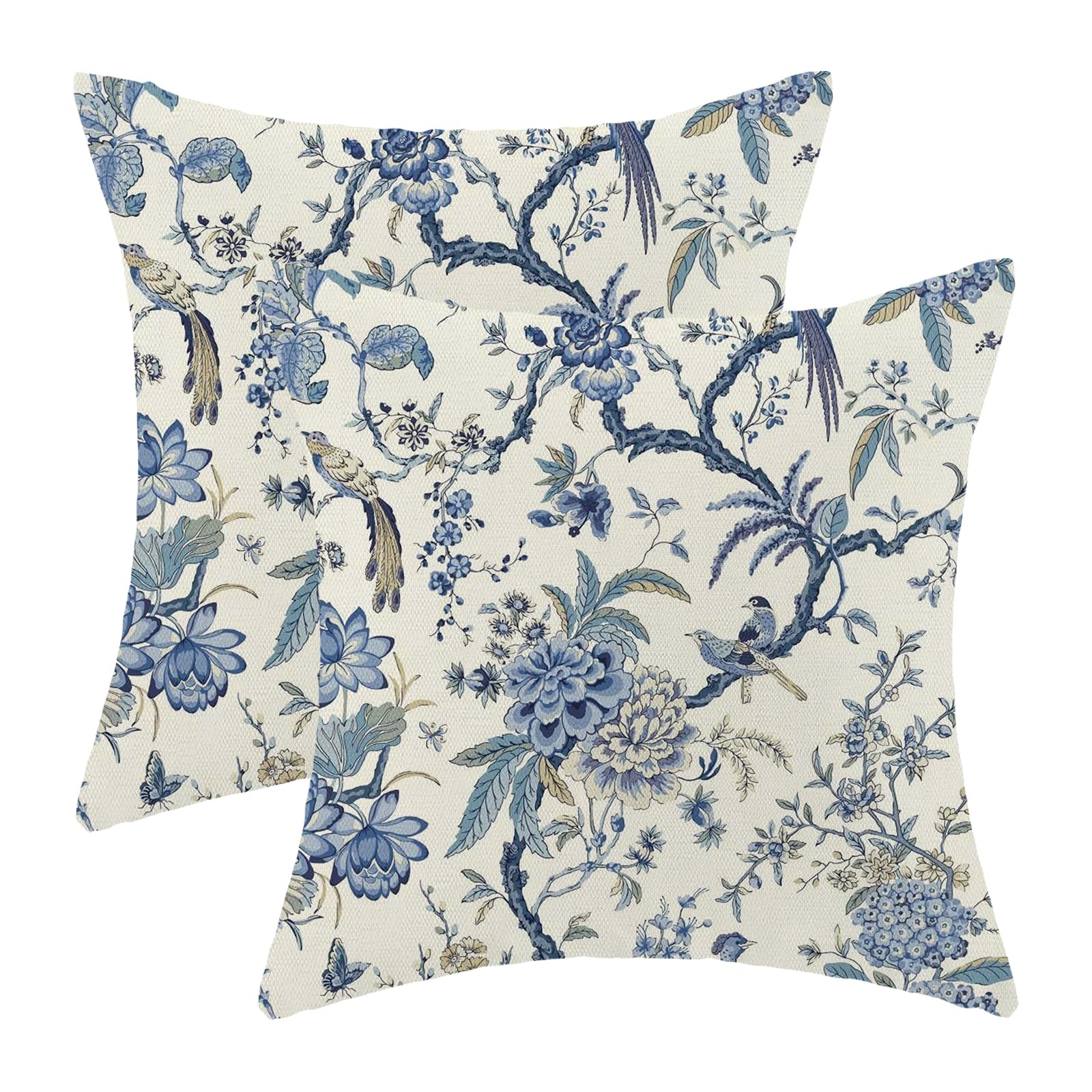 Photo 1 of **ONE PILLOW CASE** PARTIAL SET** CXMEIFLY Spring Floral Birds Pillow Covers 18 x 18 Inch Set of 2 for Chinoiserie Flowers Decor Throw Pillows Blue and White Plant Outdoor Decorative Cushion Cases for Couch Bed Decorations
