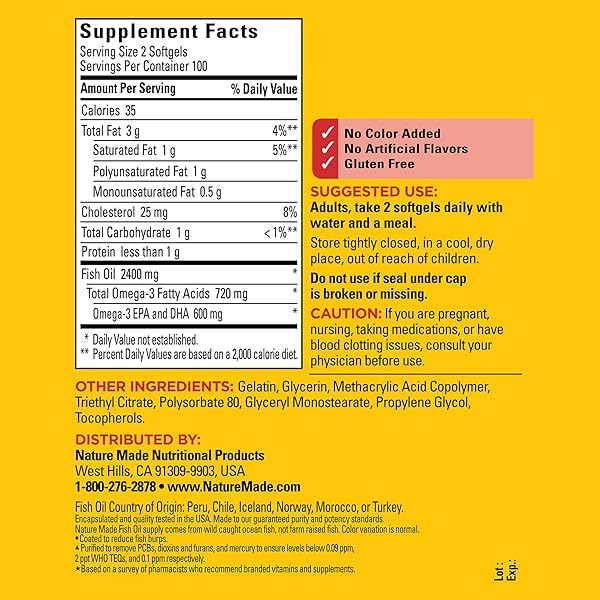 NATURE MADE BURP LESS FISH OIL 1200 MG, FISH OIL SUPPLEMENTS, OMEGA 3 FISH OIL FOR HEALTHY HEART SUPPORT, OMEGA 3 SUPPLEMENT WITH 200 SOFTGELS, 100 DAY SUPPLY