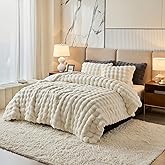Queen Faux Rabbit Fur Comforter Set - 3 Pieces Fluffy Bedding Set Ultra Soft Warm Shaggy Winter Flannel Bed Set, Luxury Skin Friendly Sherpa Comforter Set & Pillow for Thanksgiving Beige Cream White
