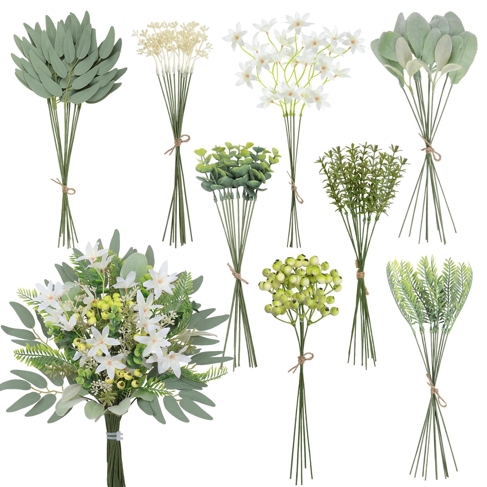 Weldomcor 70 Pcs Mixed Artificial Leaves, 8 Kinds Artificial Greenery Stems Leaves and Faux Flowers, Fake Plant Stems for Wedding Centerpiece Vase Bouquet Floral Arrangement Home Decor