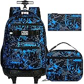 ZLYERT 3Pcs Rolling Backpack for Boys Men, Travel Roller Backpacks with Wheels for Adults, Teens College Graffiti Wheeled Bookbag with Lunch Box(Blue)