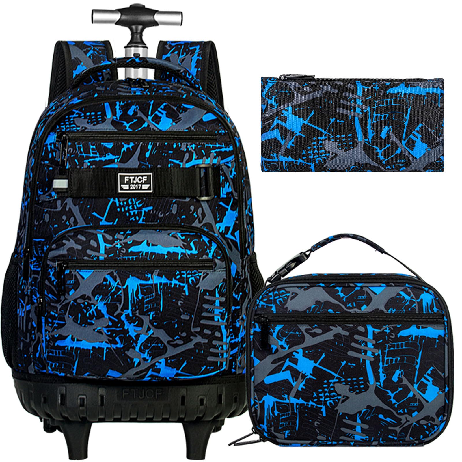 Photo 1 of ZLYERT 3Pcs Rolling Backpack for Boys Men, Travel Roller Backpacks with Wheels for Adults, Teens College Graffiti Wheeled Bookbag with Lunch Box(Blue)