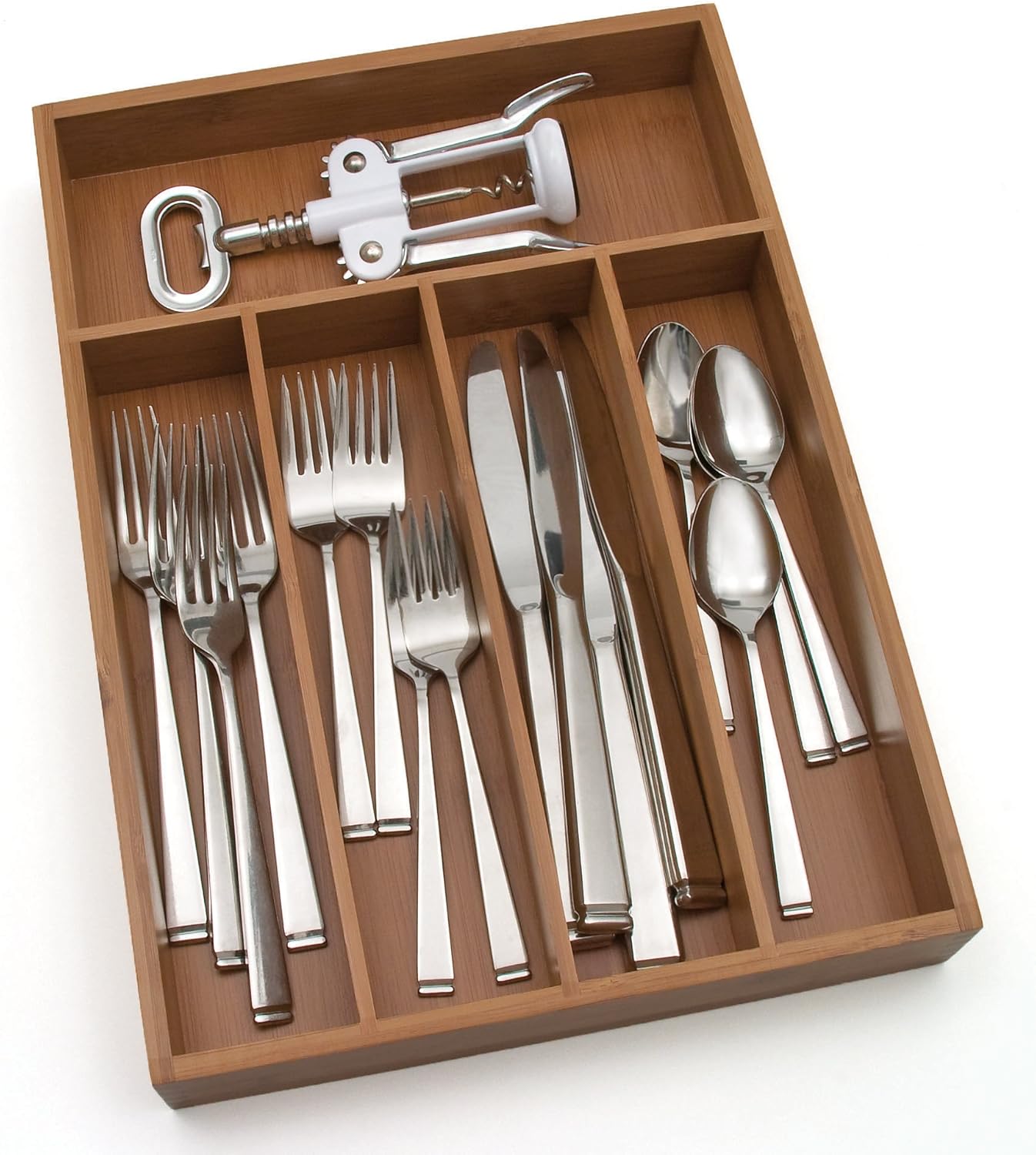 Lipper International 8876 Bamboo Wood Flatware Organizer with 5 Compartments, 10-1/4" x 14" x 2" - Flatware Sets