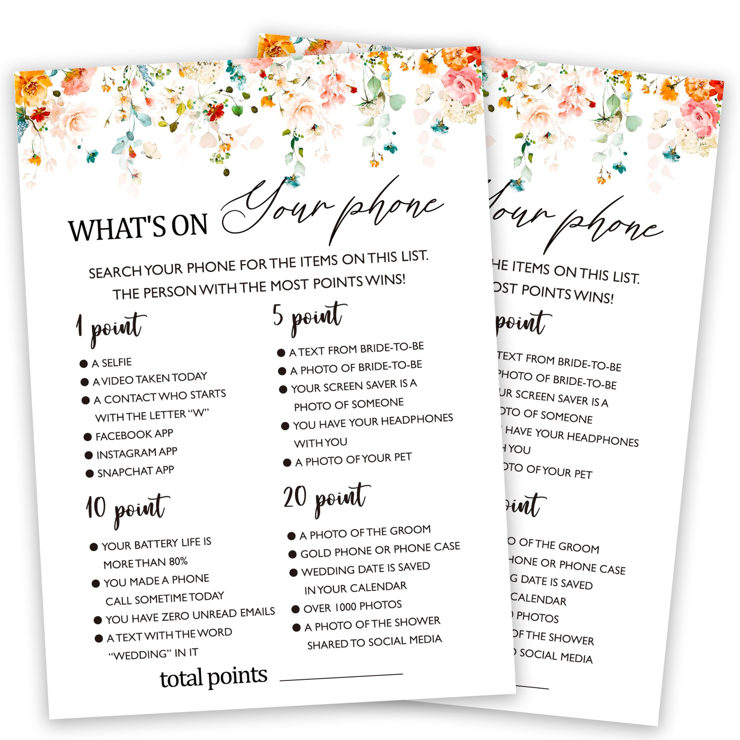 Photo 1 of Bridal Shower Games Cards, What's On Your Phone, Spring Floral Bridal Shower Party Game Cards For Wedding Engagement Bachelorette, Fall Bridal Shower Decor Favors Supplies, 25 Game Cards Included -08