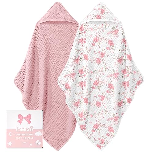Looxii Baby Bath Towels 2 Pack Muslin Hooded Baby Towels for Newborn and Infants, 100% Cotton, Large 32x32Inch, Soft and Absorbent