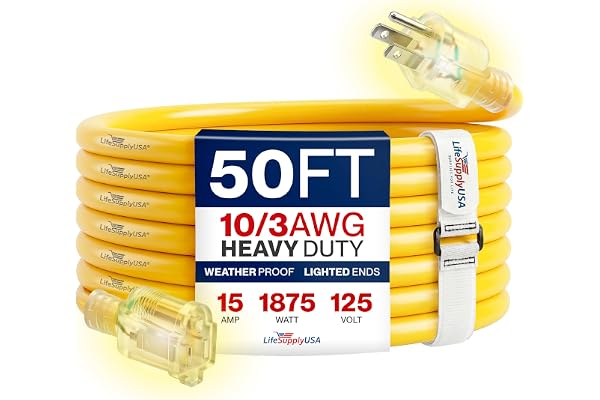 50ft Outdoor/Indoor Extension Cord 10/3 Gauge Ultra Heavy Duty 3 Prong SJTW, Waterproof, Flexible Cold-Resistant Long Power C