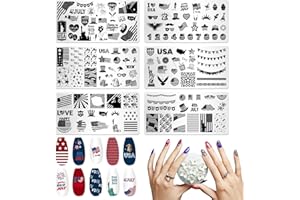 BLINKET Patriotic Nail Stamping Plates American Flags Nail Art Plates Templates Memorial Day Stars Nail Stamper Set Statue of Liberty Printing Nail Stencils Reusable Nail Art Tools 6pcs Style B