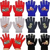 Shyyween 5 Pairs Kids Knitted Magic Stretch Gloves Trucks and Dinosaur Pattern Winter Warm Stretchy Full Fingers Gloves for Boys Girls Toddler