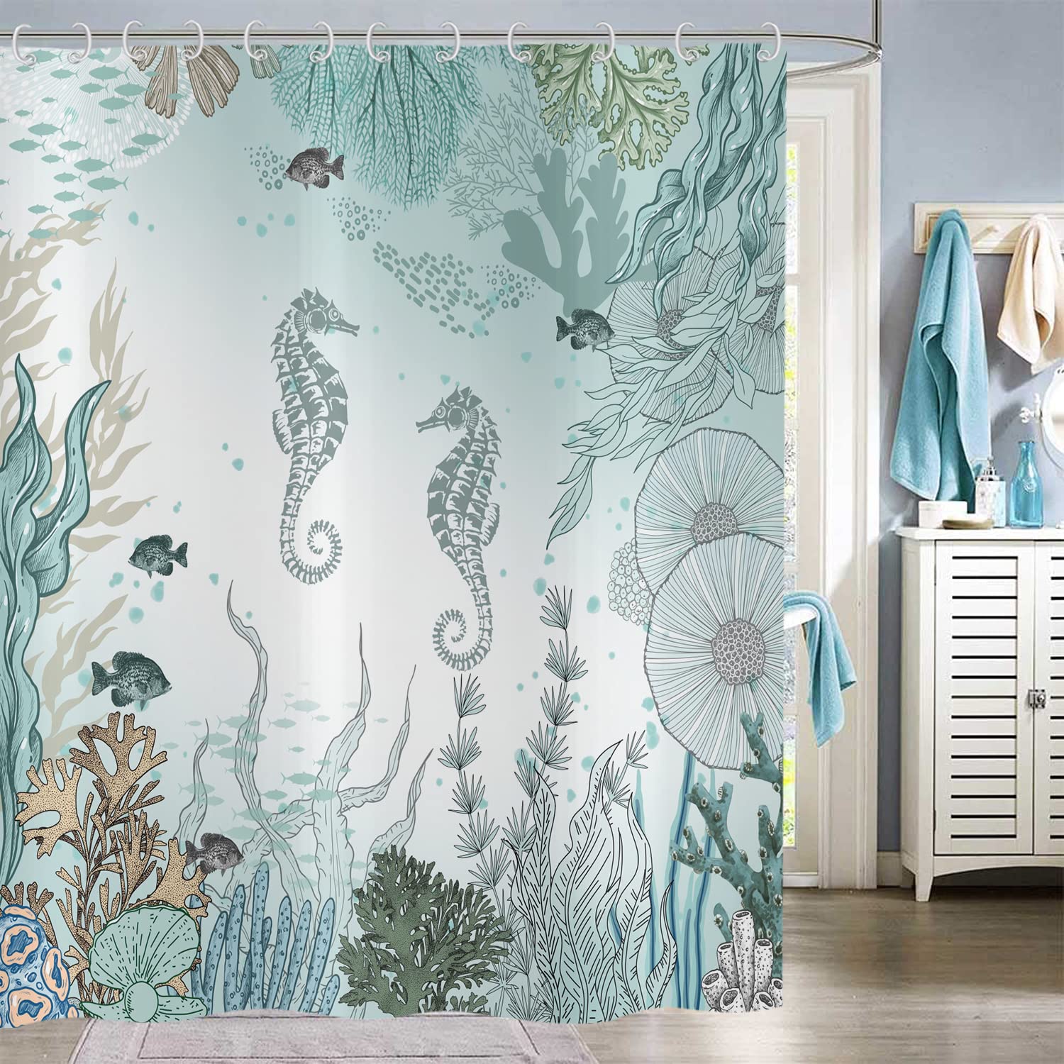 Hnmdmyi Seahorse Shower Curtain 180x180, Nautical Coastal Tropical Fish Coral Teal Ocean Themed Underwater Marine Life Bathroom Curtains Waterproof Polyester Fabric Washable Bath Curtains with Hooks