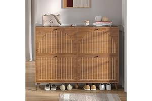 Fsbecl Shoe Storage Cabinet for Entryway with 4 Flip Drawers, Narrow Shoe Organizer with Fluted Panel, Freestanding Wood Hidden Shoe Cabinet for Foyer, Hallway (Walnut, 4 Flip Drawers)