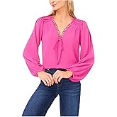 CeCe Womens Long Sleeve Circular Trim Pintuck Top