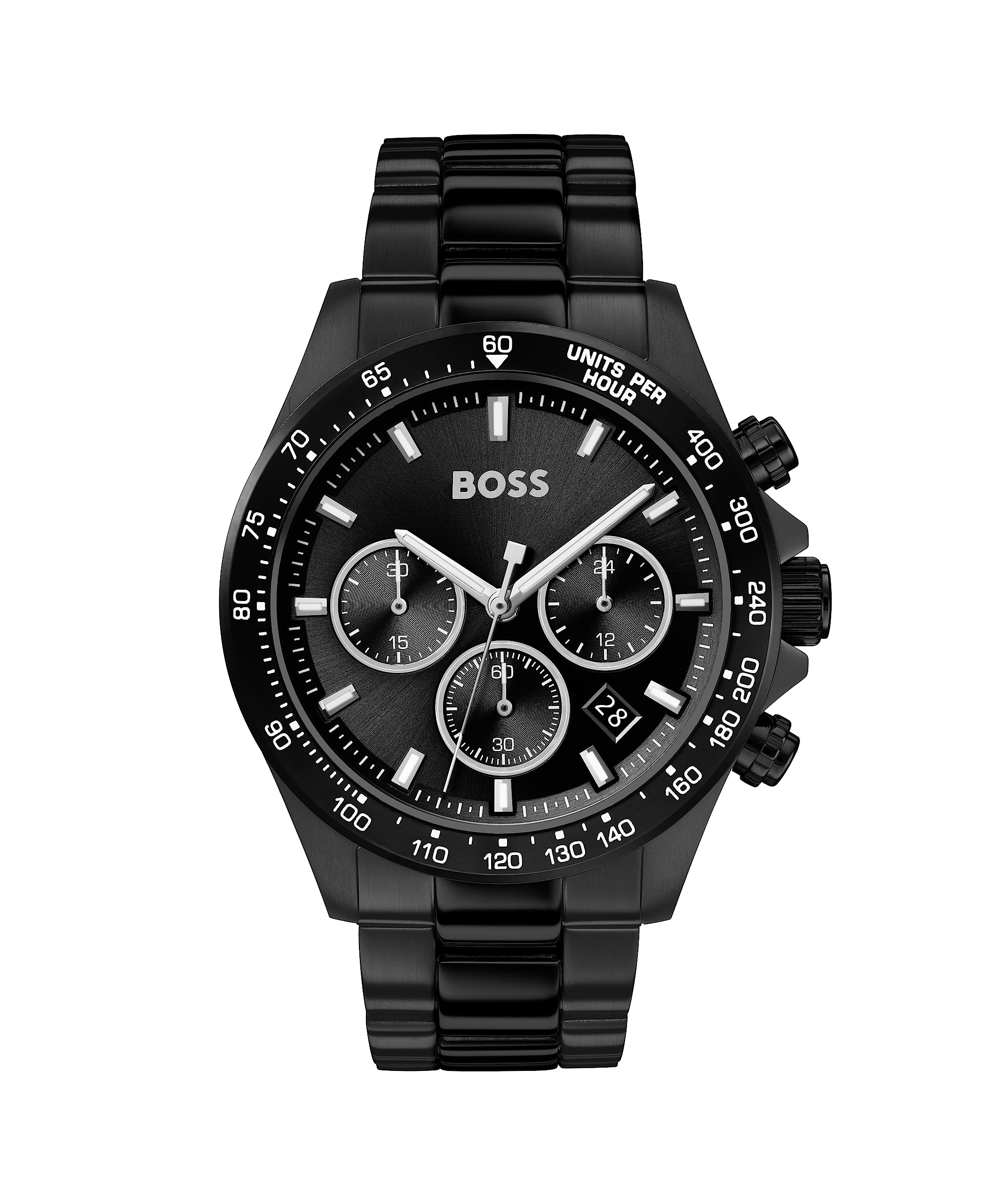 BOSS Men's 43 mm Chronograph Quartz Watch HERO Collection with Black Stainless Steel Bracelet, Black Dial, Date Function, 3 Sub-Dials, 5ATM Water Resistant - 1513754