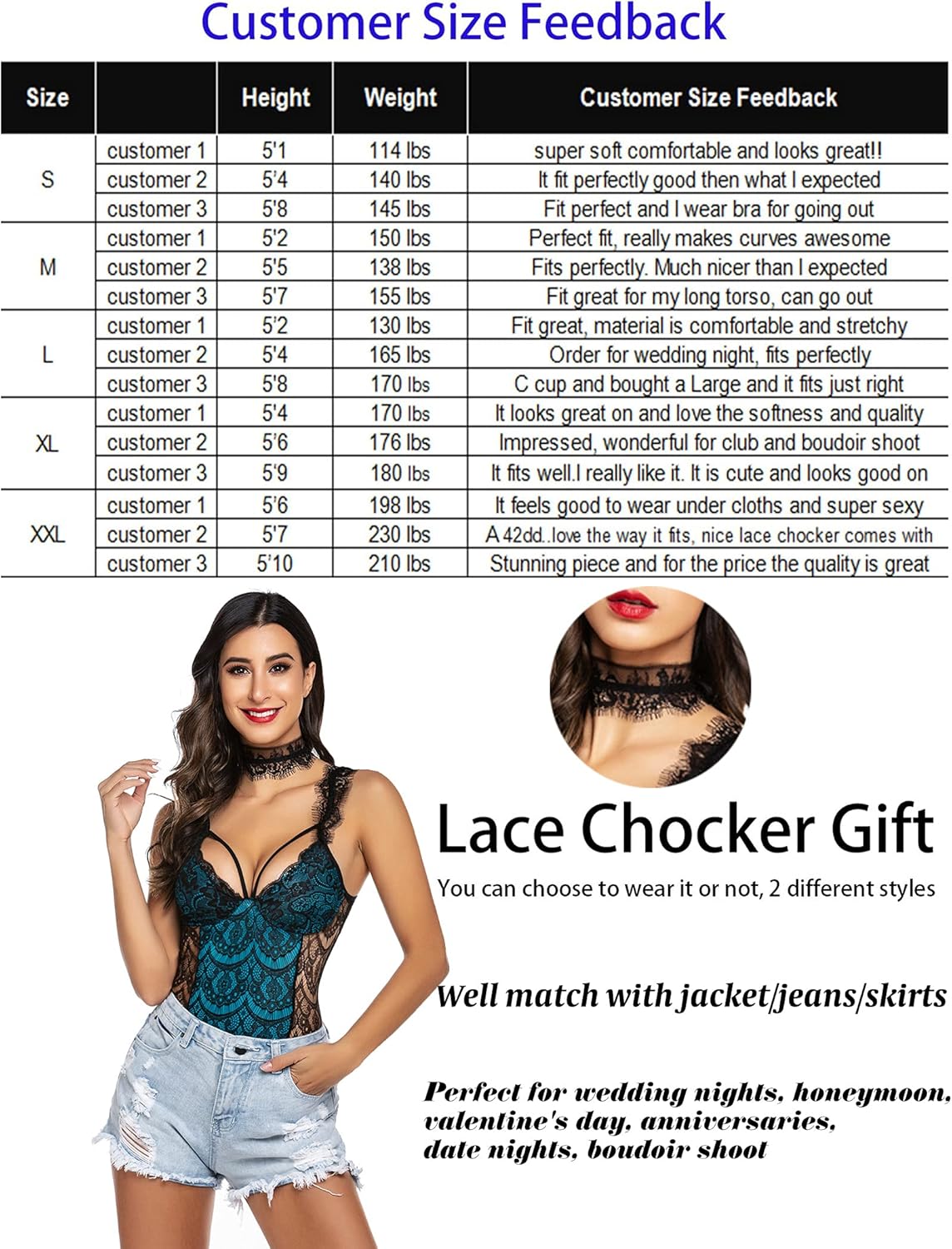 ADOME Womens Snap Crotch Lingerie Sexy Lace Bodysuit with Chocker Eyelash Teddy: Clothing