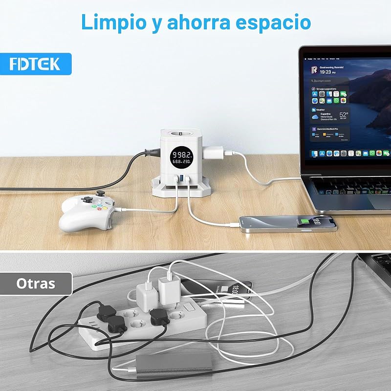 Regleta Enchufe Que Muestra la Potencia del Dispositivo, FDTEK Ladron Enchufe Que Muestra el Voltaje, Enchufe Cubo Que Muestra la Pérdida de Potencia., 4000W/16A, Blanco — foto 5 de 7