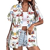 Christmas in July Shirt Women Hawaiian Xmas Button Down Tee Funny Ugly Santa Graphic Short Sleeve Button Up Tops