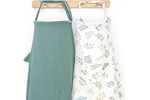 Haleeone Muslin Nursing Cover for Breastfeeding, Privacy Breathable Breastfeeding Cover with Arch Neckline for Mom, 100% Cotton Nursing Apron, Floral and Green