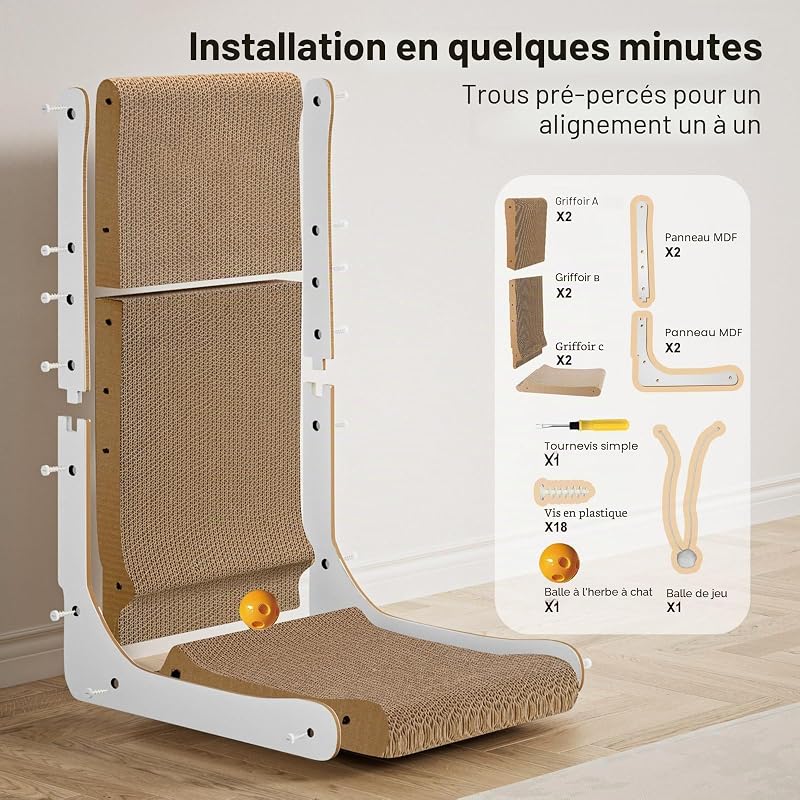 Griffoir Chat Carton en Forme de L 68cm, Épais avec Boules en Peluche et à Grelot, Grande Taille à Fixer au Mur, Jouet pour Protéger Meubles
