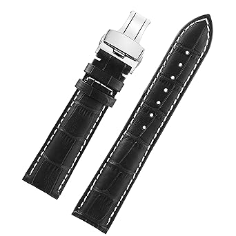 21mm Black Premium Business Watch Strap Replacement Watch Bands for Men Matching Stitching Medium Padded Real Leather
