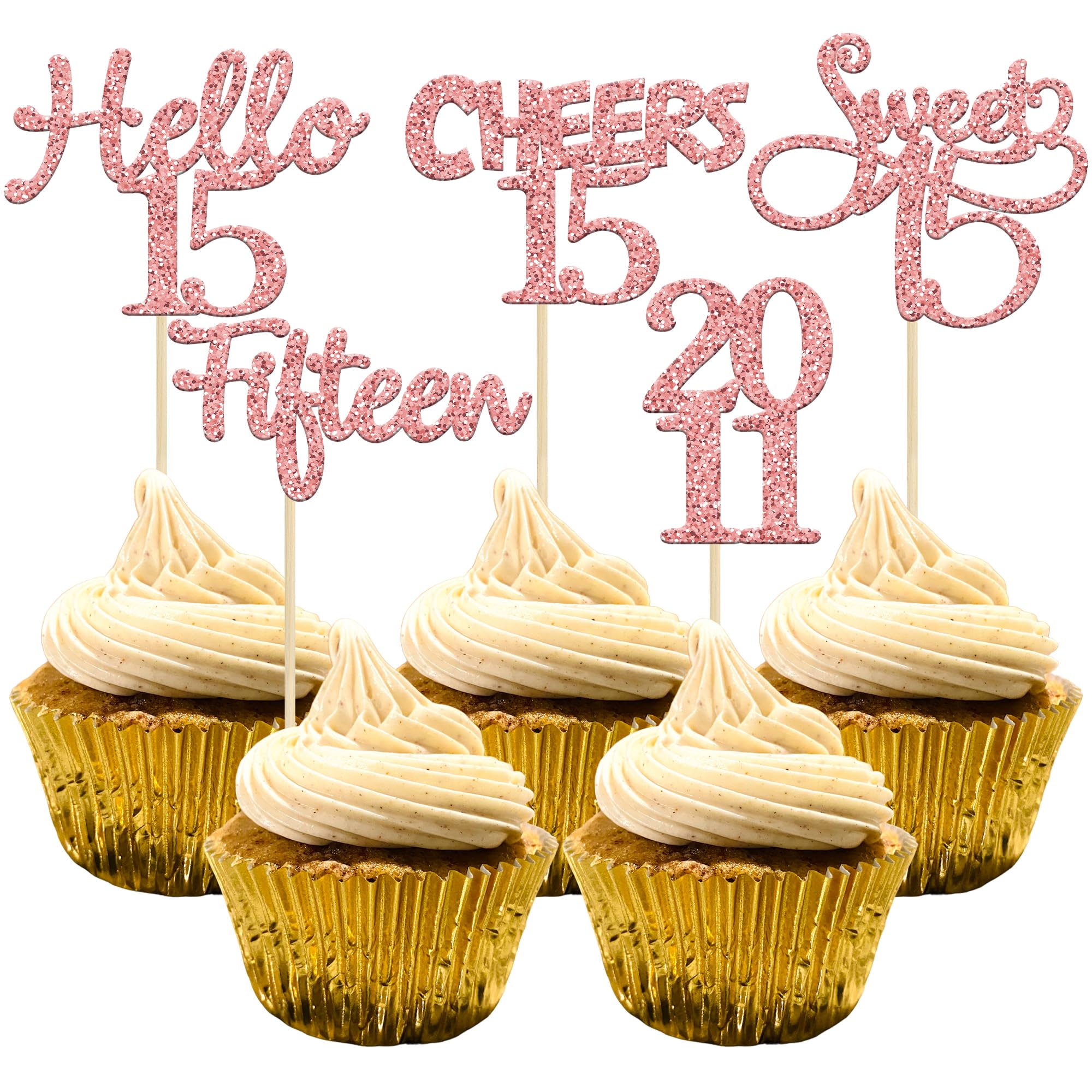 Gyufise 30 Pack Rose Gold Glitter 15th Birthday Cupcake Toppers Hello Sweet Cheers to 15 Fifteen Since 2011 Cupcake Picks for 15th Birthday Party Cake Decorations Supplies