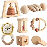 Wooden Montessori Toys 7PCS Wooden Baby Toy for Babies 12-36 Months, Natural Wood Rattle Toy Set with Crochet Lion Rattle, Gift for Infant Boys Girls