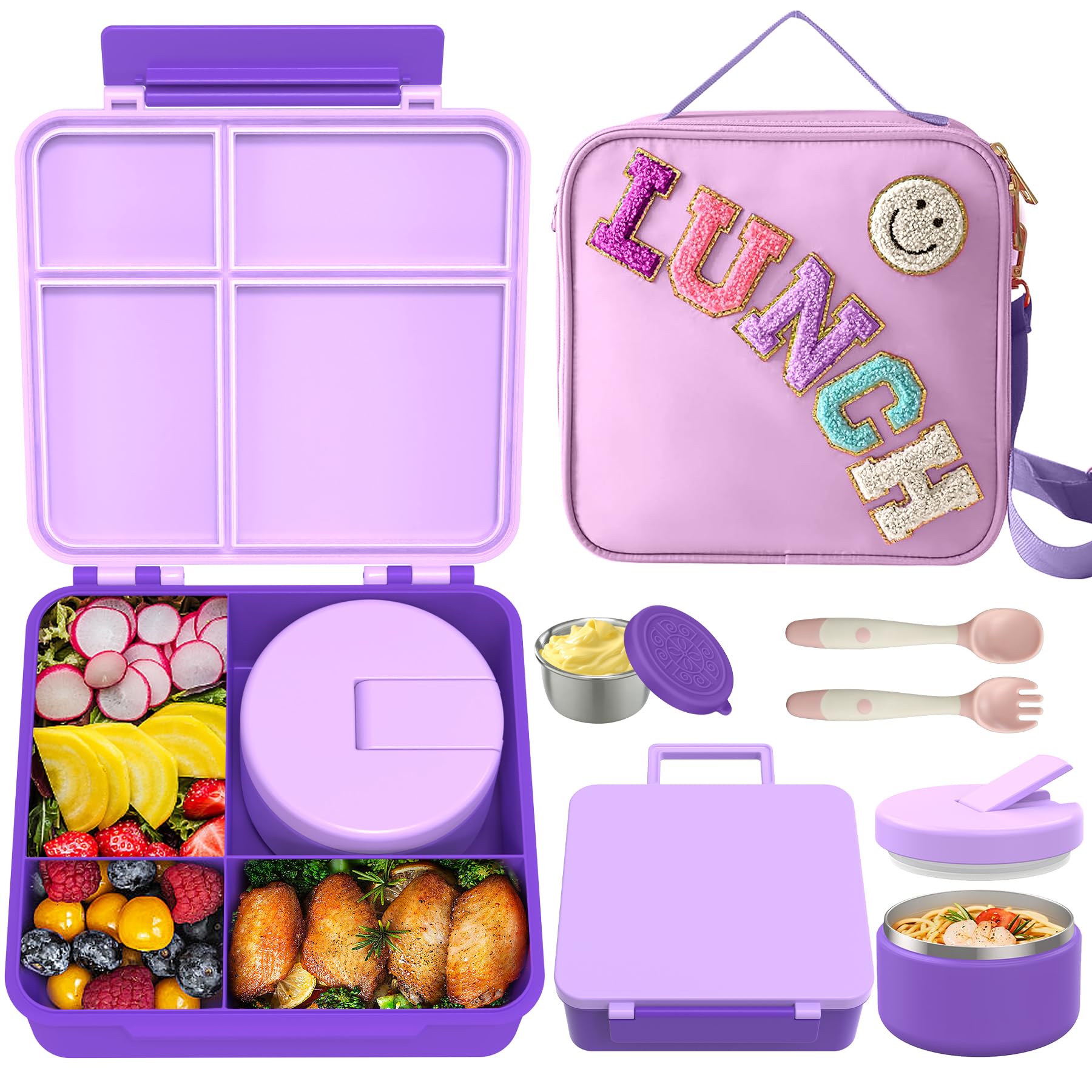Photo 1 of Aimsnk Kids Bento Lunch Box with 8oz Soup Thermo, Kids Leakproof Lunch Food Containers with 4 Compartment,Insulated Hot Food Jar with Lunch Bag for School, Travel (Purple)