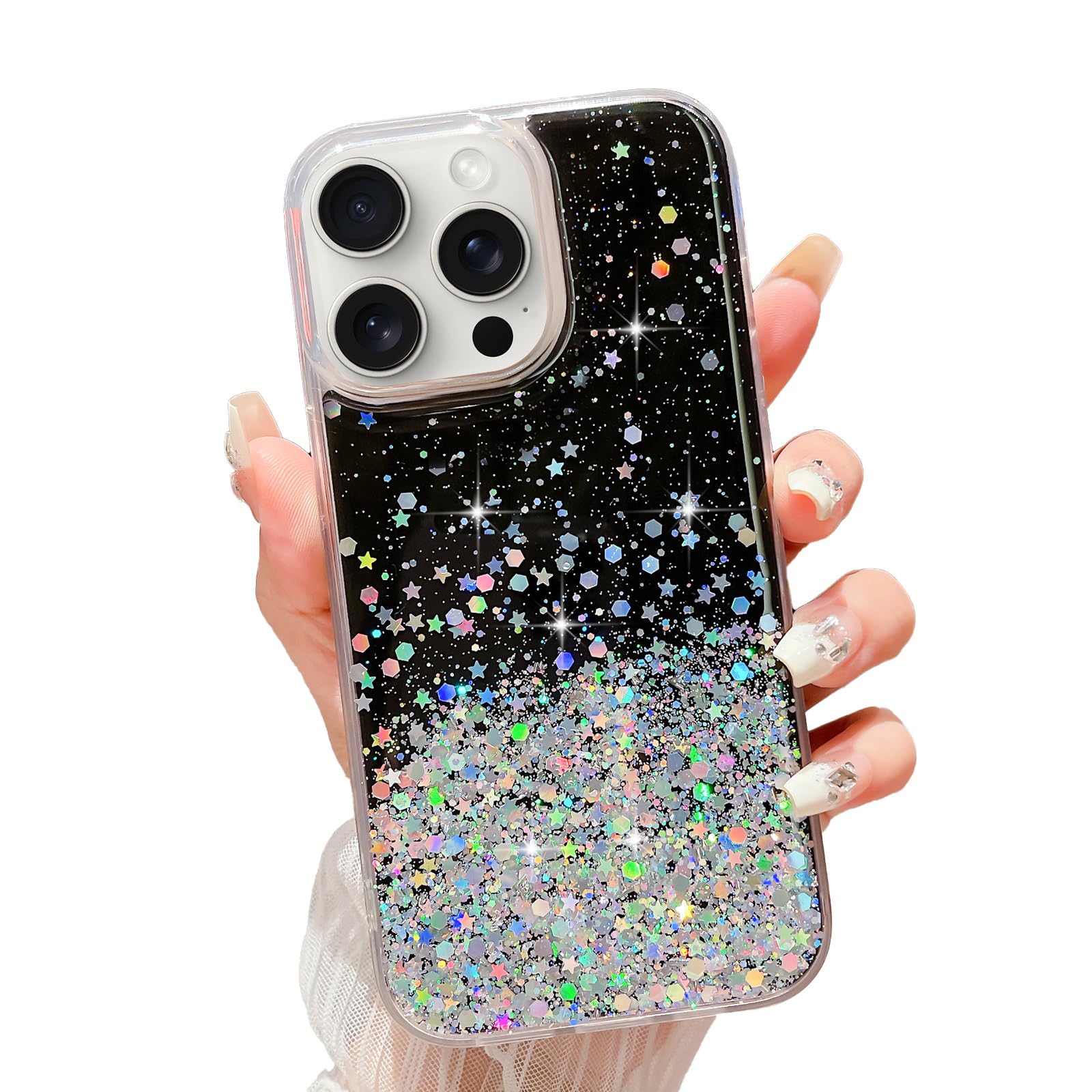 LCHULLE for iPhone 15 Pro Max Case Girls Women Glitter Bling Clear Cover Cute Crystal Slim Fit Bumper Silicone Case for iPhone 15 Pro Max 6.7inch 2023,Black — image 1