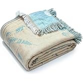 QKTE 100% Cotton Muslin Blanket Queen Size with Tassels, Lightweight Breathable Reversible Gauze Blanket for Bed Couch Camping, All-Season Soft Coverlet (Teal Beige, 90" x 90")