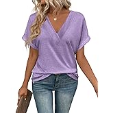 EyMuse T Shirts Short Sleeve V Neck Tees Womens Fashion Tops Trendy Lightweight Soft Casual Summer Spring Outfits Clothes 2024,Purple,XL-New
