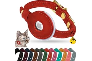 OOPSDOGGY Reflective Leather AirTag Cat Collar with Bell - Non Breakaway Adjustable Pet Collar with Apple Air Tag Holder - Lightweight GPS Kitten Collars for Small Dogs Puppy (Red)