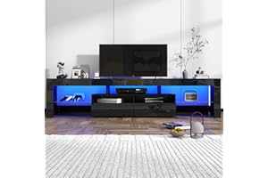 St.Mandyu LED TV Stand for 90/100 inch TV, High Glossy Modern Entertainment Center with Drawer and Led Lights, Television Table Media Console for Living Game Room Bedroom, Black