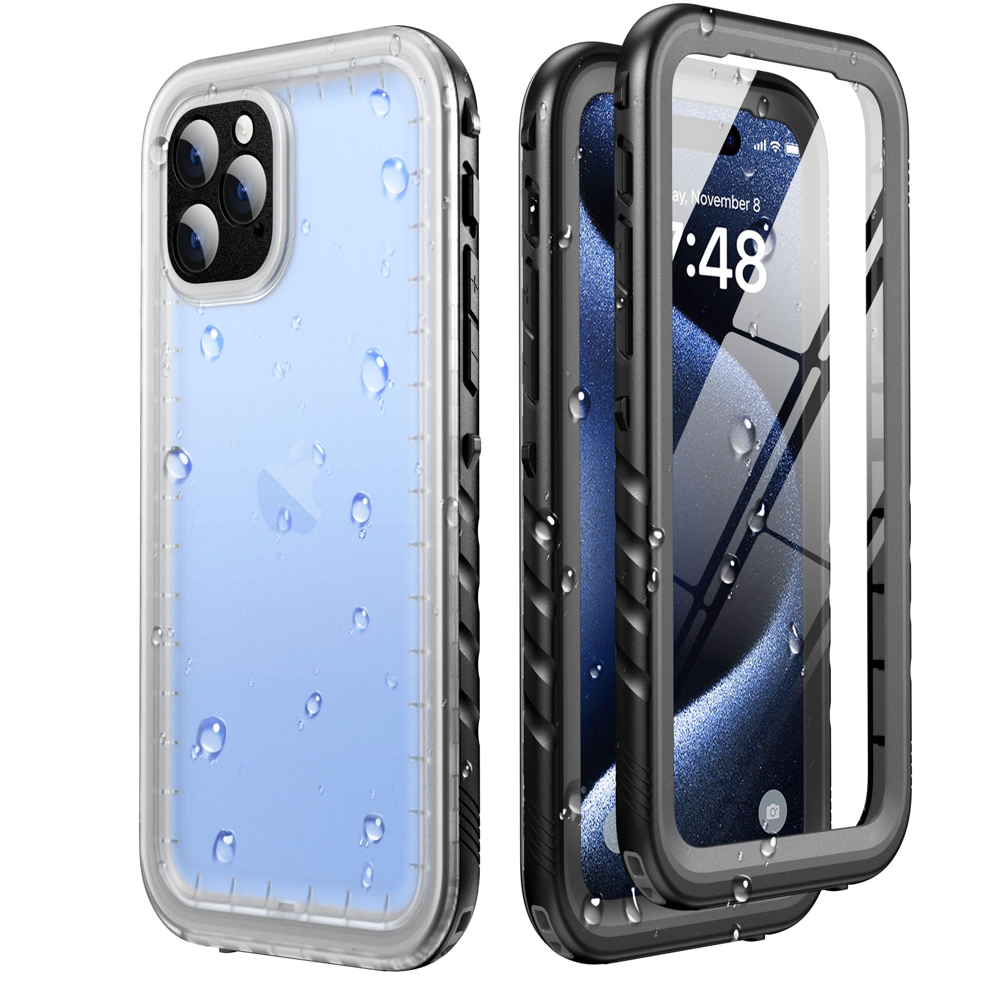 SOKUSIN for iPhone 15 Pro Max Case Waterproof - Full Body Bumper Case with Built-in Screen & Camera Protector, Shockproof Drop Dust Proof Rugged Cover with Wrist Strap, 6.7", Black/Frosted Clear