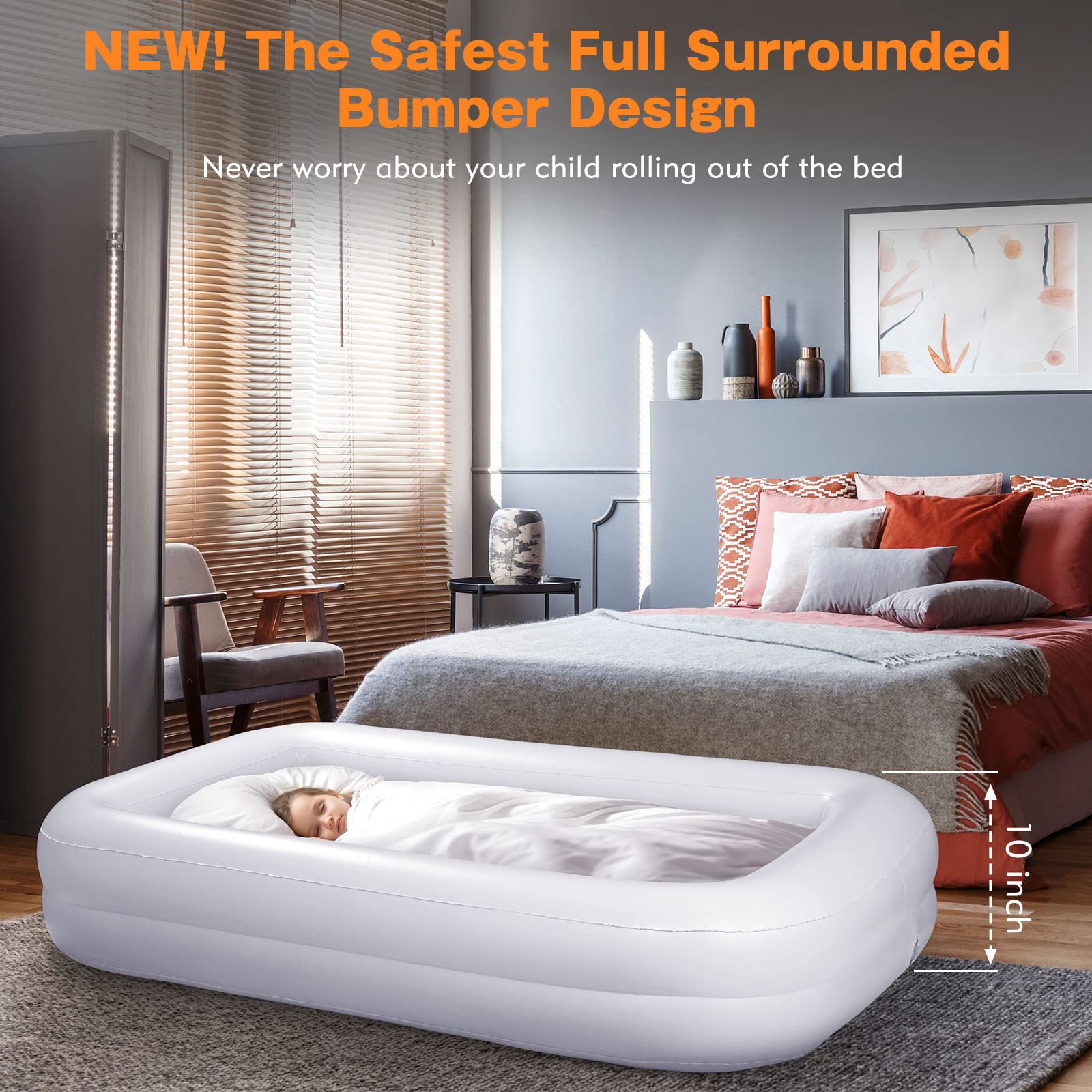 Upgrade Toddler Travel Bed [4-Side] | Both Side Usable Toddler Air Mattress | Inflatable Toddler Bed | Portable Inflatable Kids Travel Toddler Bed | Kids Blow Up Mattress with Sides