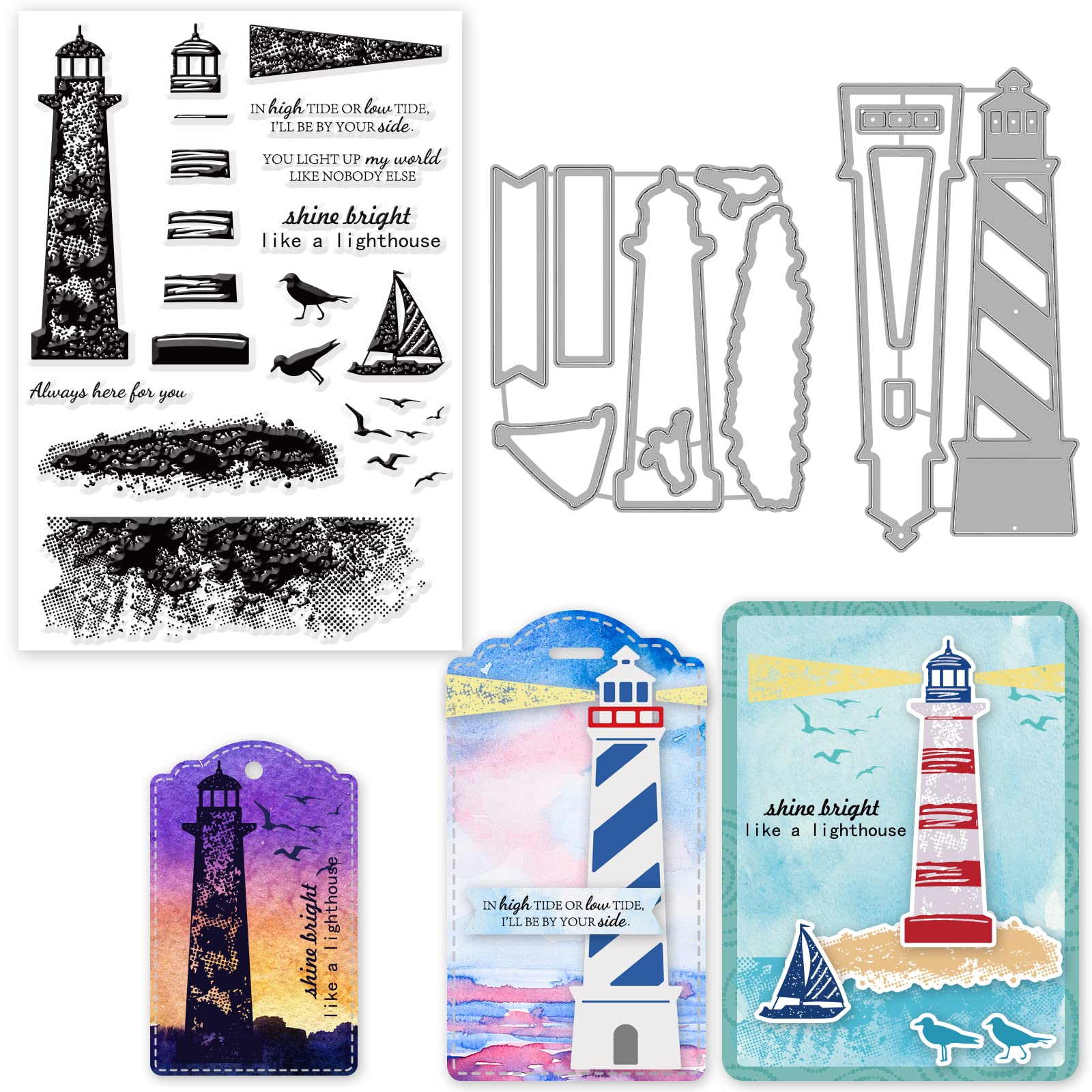INFUNLY Lighthouse Stamps and Dies for Card Making Metal Cutting Die and Stamping Set Word Seagull Rubber Clear Stamping Christmas Thanksgiving Gifts for DIY Craft Scrapbooking Decor — image 1