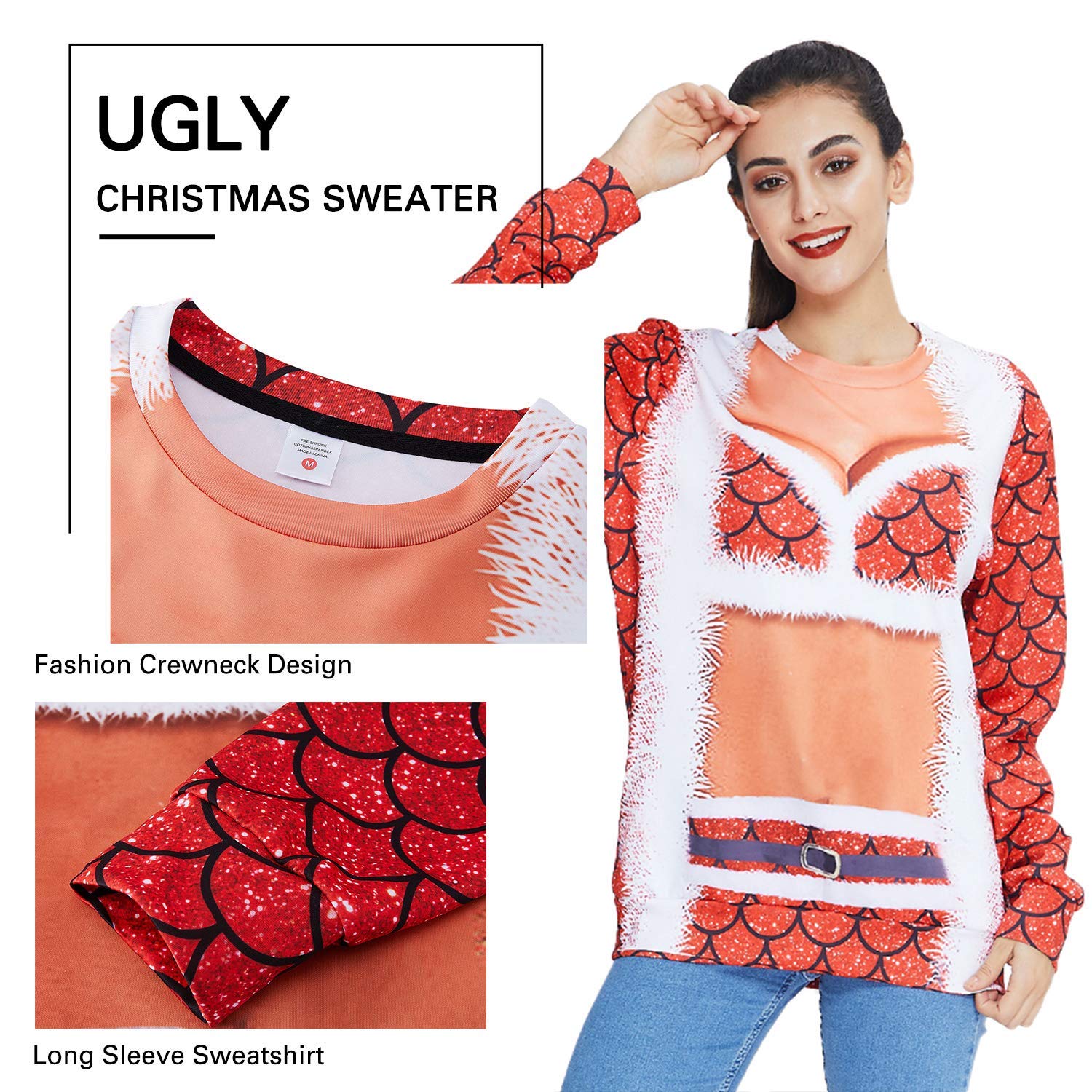 RAISEVERN 3D Fake Printed Women\'s Stylish Bikinis Pattern Xmas Crew Neck Sweater Long Sleeve Ugly Christmas Pullover for Youth Girl Ladies,Red