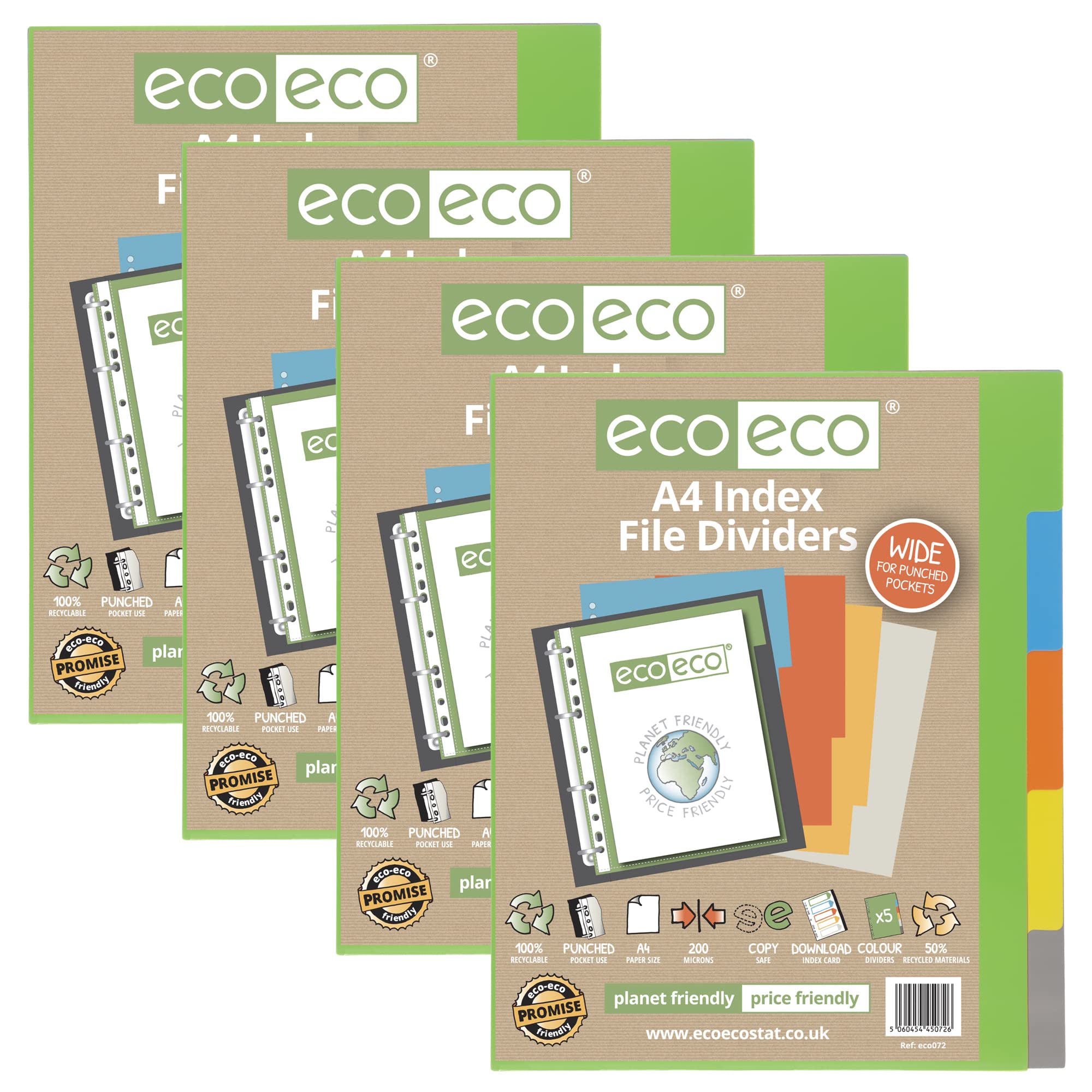 eco-eco A4 50% Recycled Multipunched Reinforced Colour Set 5 Extra Wide Subject Index File Dividers 200mic (Pack of 4) eco072x4