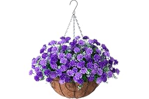 Ammyoo Artificial Faux Hanging Flowers Basket for Outdoors Outside Porch Decoration, Silk Fake Hanging Flowers Colorful Daisy with Coconut Lining Baskets for Courtyard Spring Summer Decor(Violet)
