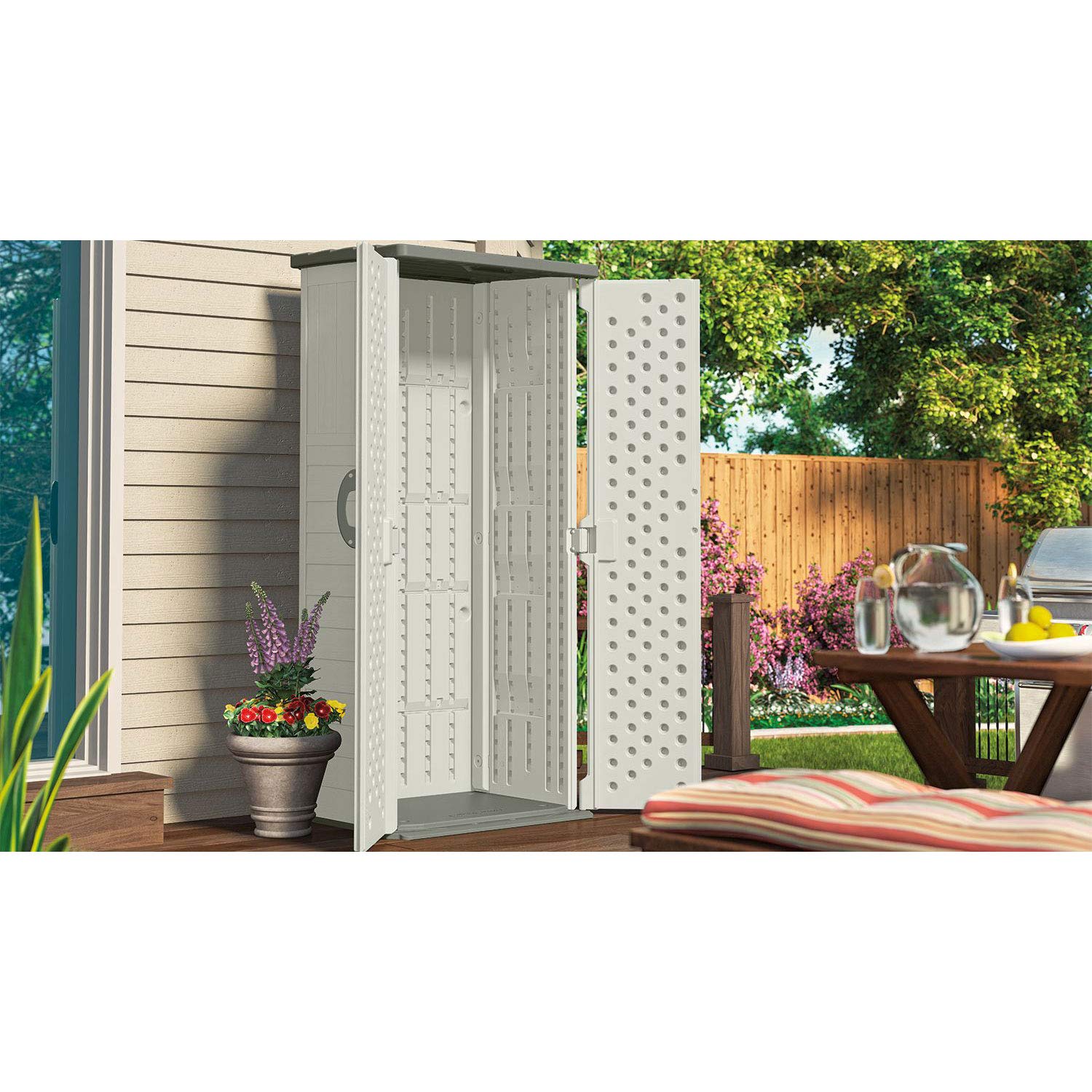 Suncast Vertical Tool Shed - Outdoor Storage Shed for Backyards and Patios - 20 Cubic Feet Capacity for Long Handled Tools and Garden Accessories