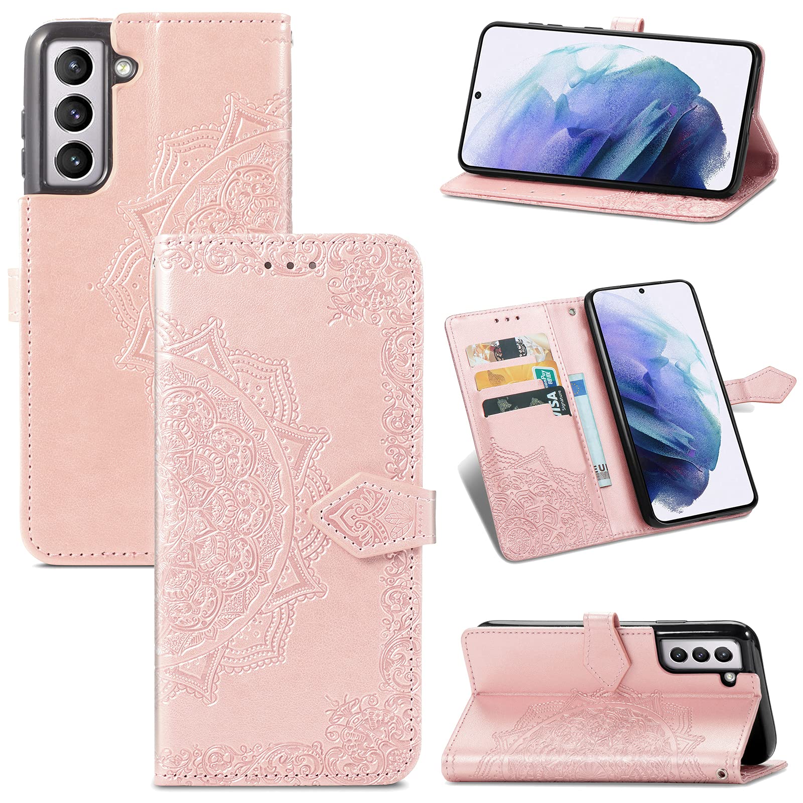 ZCDAYE Wallet Case for Samsung Galaxy S21 5G,Premium PU Leather Embossed Mandala Florals[Magnetic Closure][Card Slots][Kickstand][Cash Pocket]Protective Case Cover for Samsung Galaxy S21 5G-Rose Gold