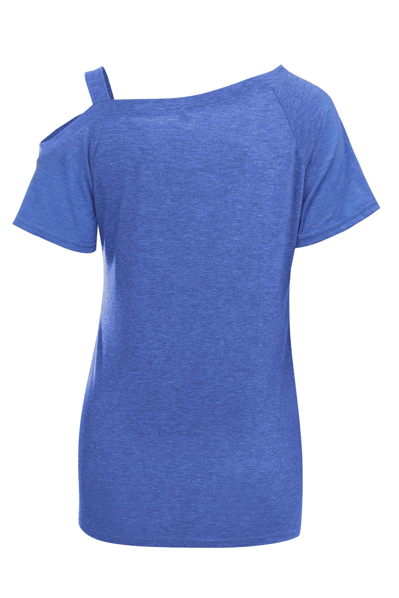 IMIDO Womens Cold Shoulder Tops Front Knot Side Twist Shirts One Shoulder Blouse Short Sleeve Tunic (L, B-Blue)