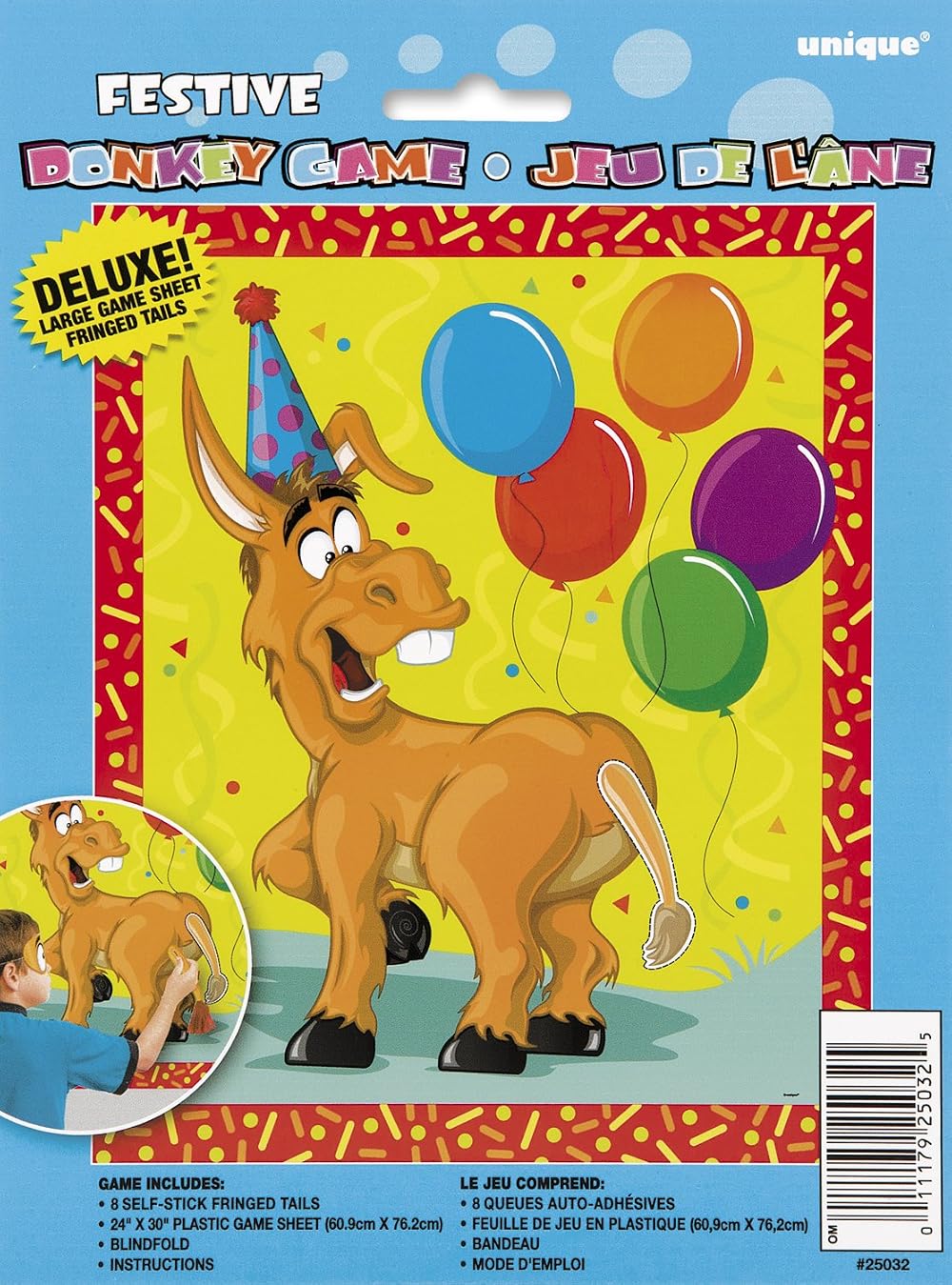 Unique Multicolor Pin the Tail on the Donkey Game Set for 8 Players