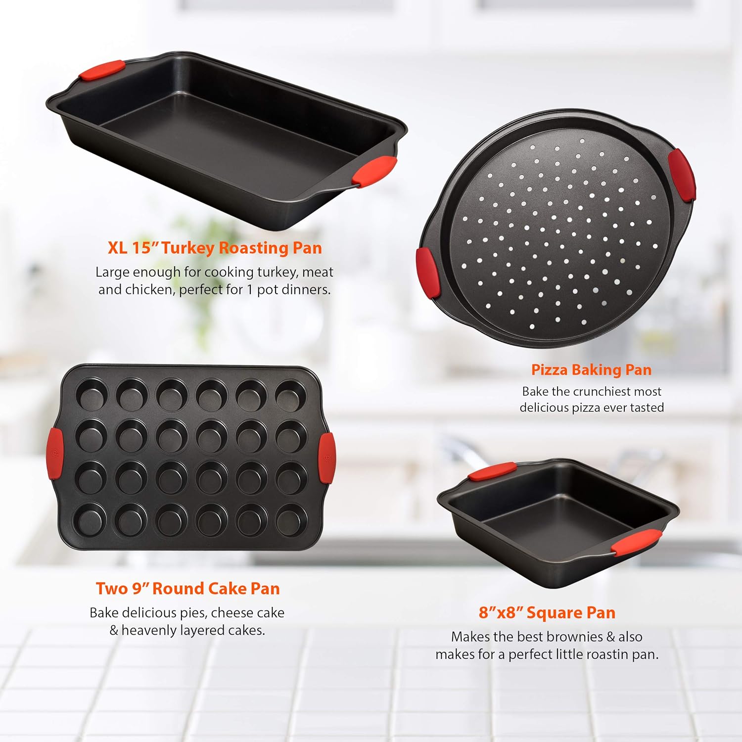 Perlli 10-Piece Nonstick Carbon Steel Bakeware Set With Red Silicone Handles | |Metal, Reusable, Quality Kitchenware For Cooking & Baking Cake Loaf, Muffins & More: Kitchen & Dining