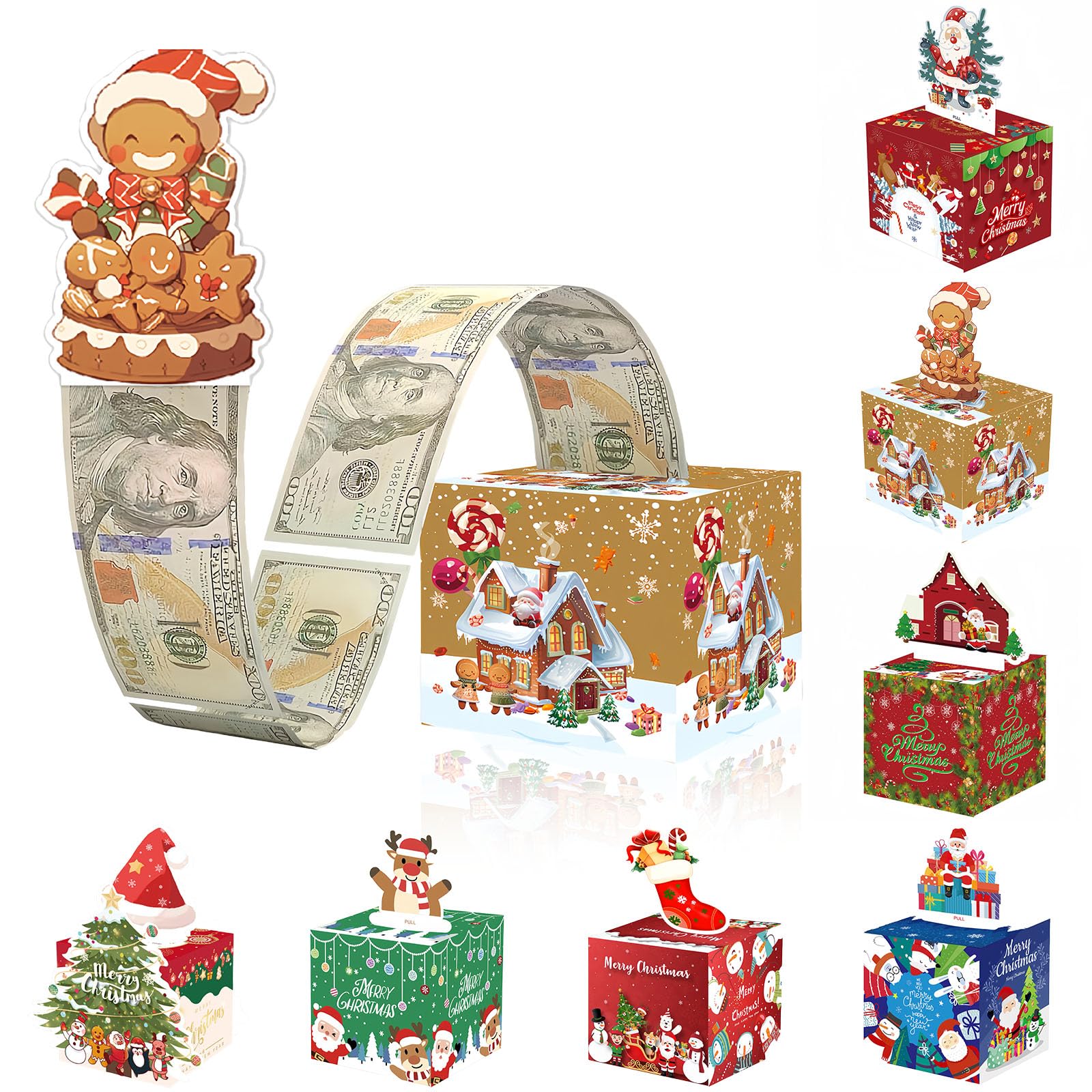 Christmas Money Gift Box Surprise Pull Pouch for Kids/Adults - Xmas Money Box with Cash, Xmas Card and 50P Bags