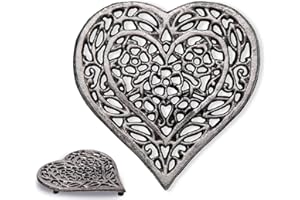 COMFIFY Cast Iron Heart Trivet | Decorative Cast Iron Trivet for Kitchen Countertop Or Dining Table | Vintage Design | 6.75X6.5 | with Rubber Pegs/Feet - Recycled Metal | Silver with Black