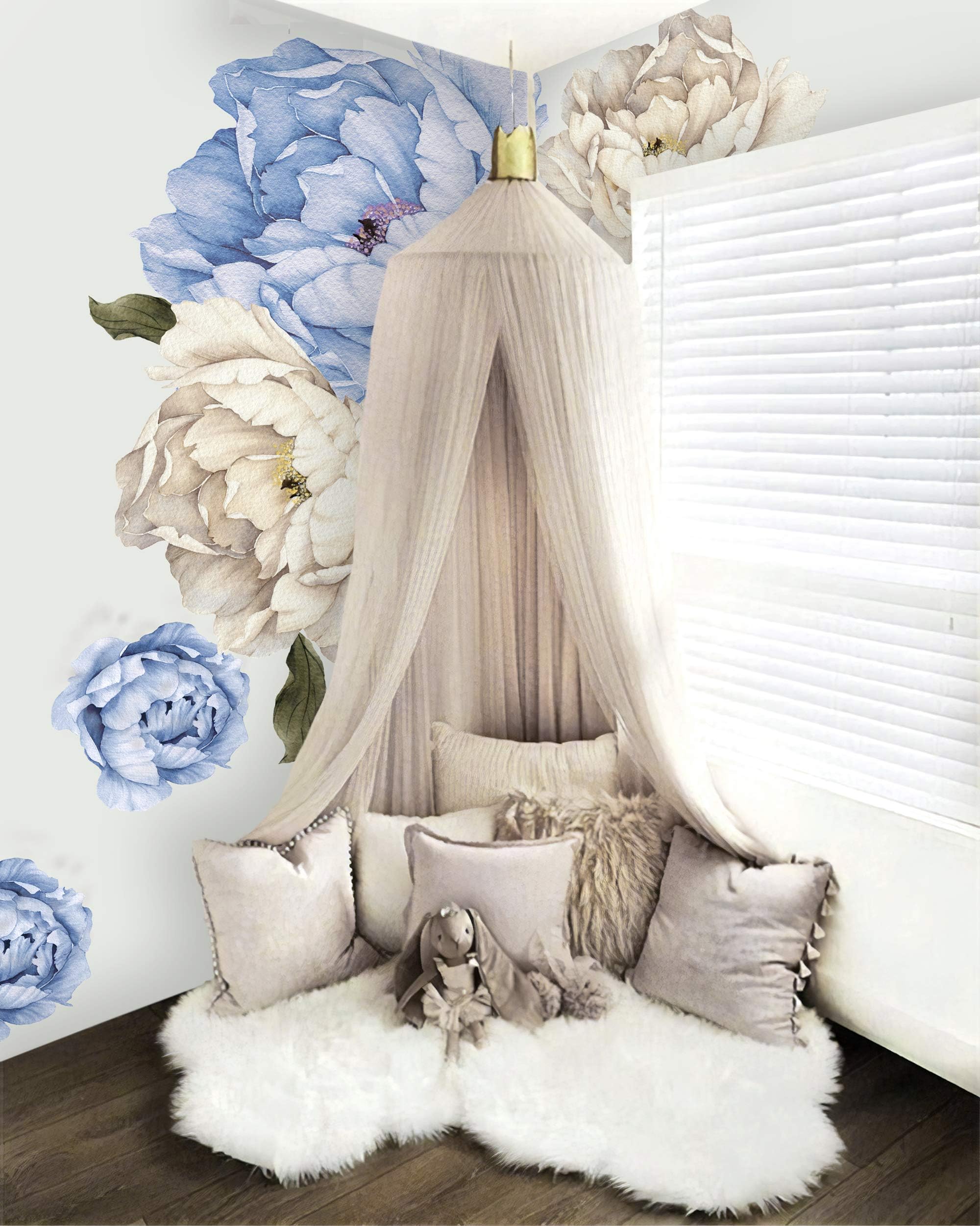 Murwall Nursery Peony Wall Decal Kids Blue Floral Wall Sticker Watercolor Floral Removable Peel n Stick For Girls Peonie Wall Decals Livingroom