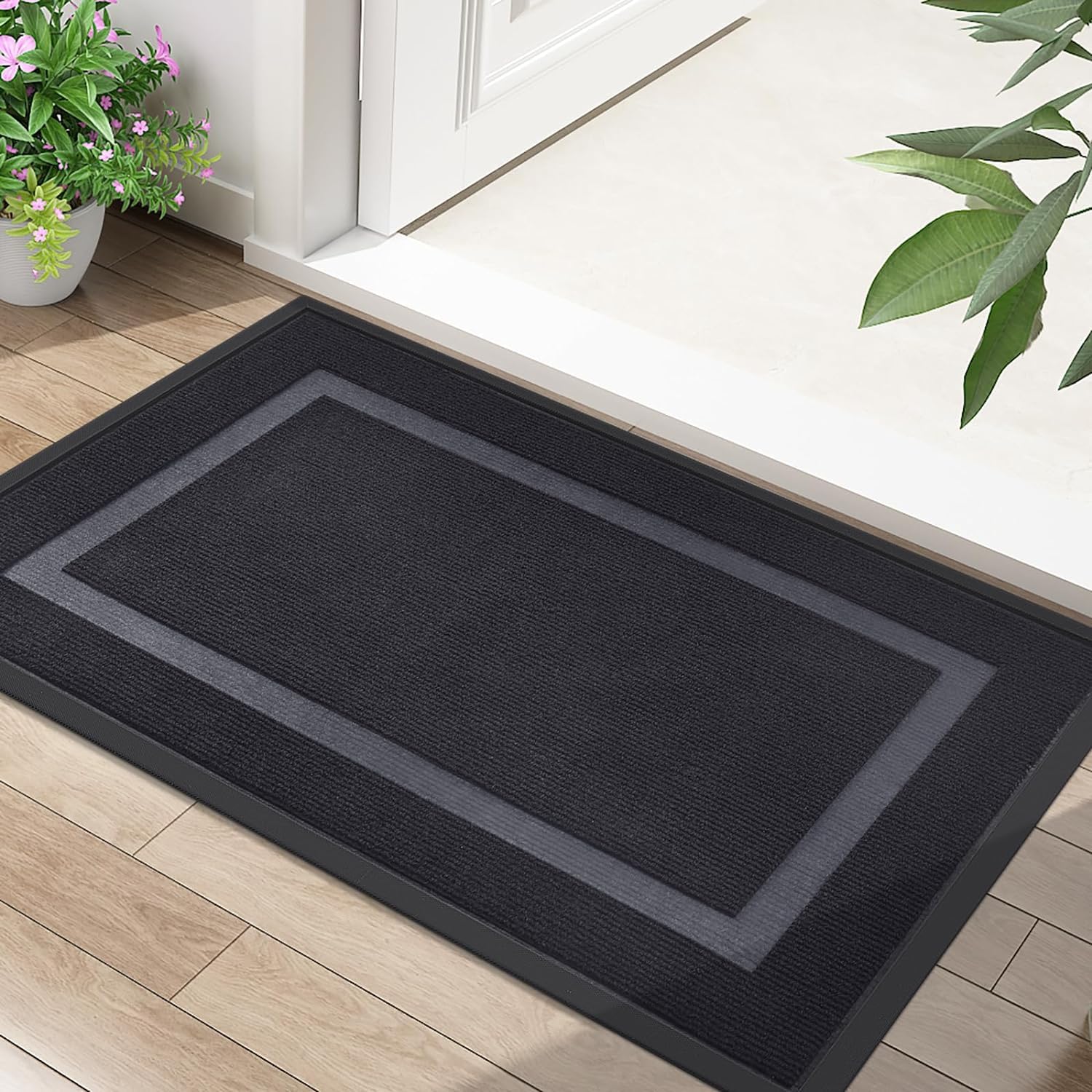 Homaxy Door Mat, Rubber Backed Non Slip Door Matts Indoor, Dirt Trapper Absorbent Mats, Washable Front Doormat Outdoor, Heavy Duty Floor Mat for Entrance, Kitchen and Garden, 40 x 60 cm, Black